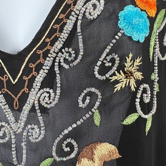 Vintage Womens Y2K Sheer Boho Beaded Embroidered Cover Up Tunic Top Sz M Black - Picture 3 of 11